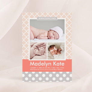 Modern Blush Coral Pattern Baby Girl Photo Birth Announcement