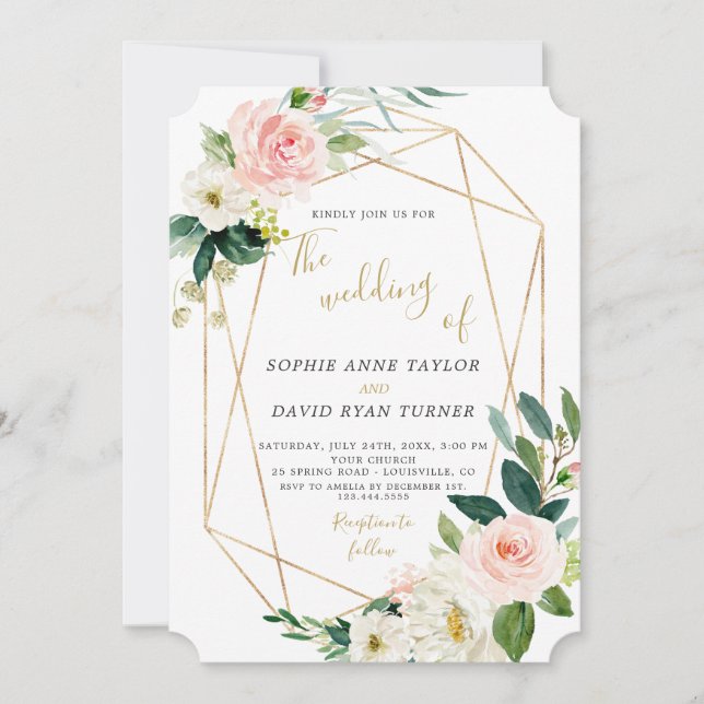 Modern Blush Cream Floral Gold Frame Wedding Invitation (Front)