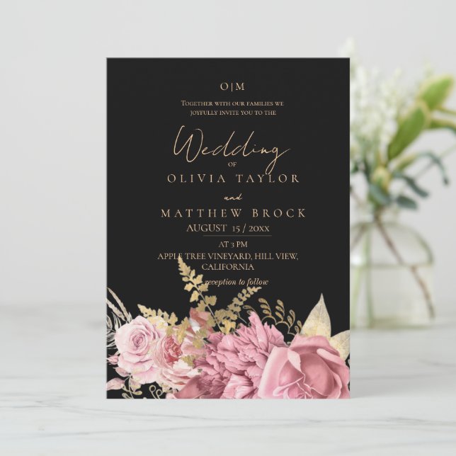 Modern Blush Dusty Rose Floral Dark Wedding Invitation (Standing Front)