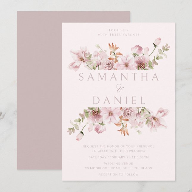 Modern Blush & Dusty Rose Floral Wedding Invitation (Front/Back)