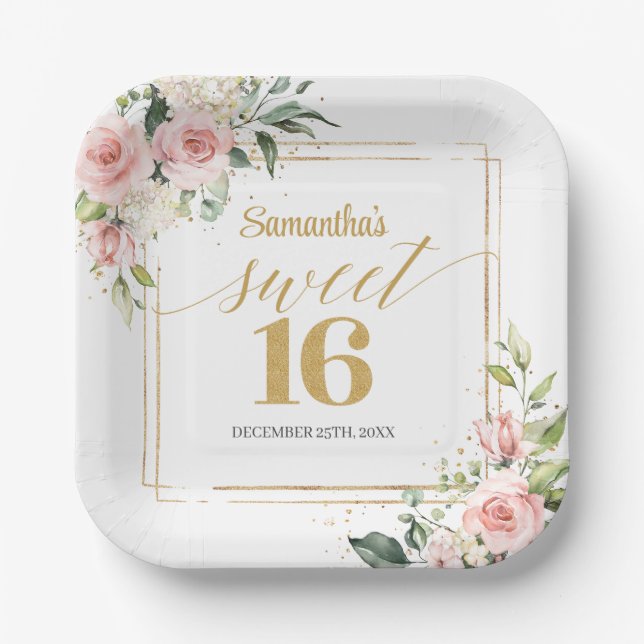 Modern blush floral eucalyptus gold sweet sixteen paper plate (Front)