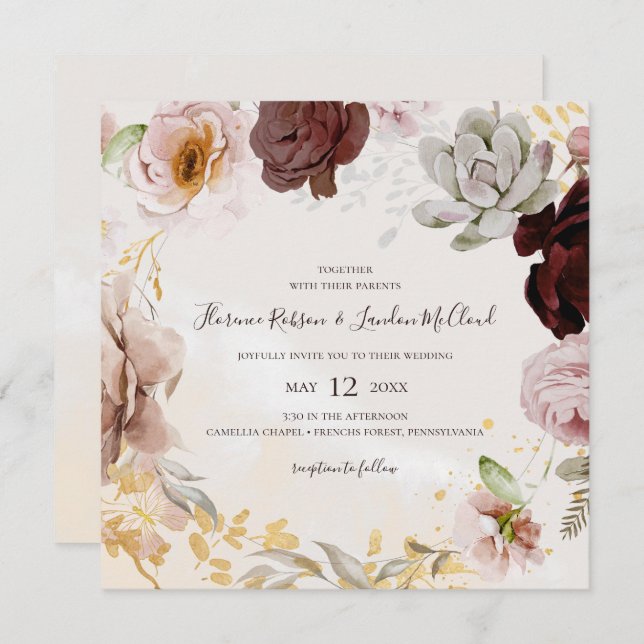 Modern Blush Floral | Marble Square Wreath Wedding Invitation (Front/Back)