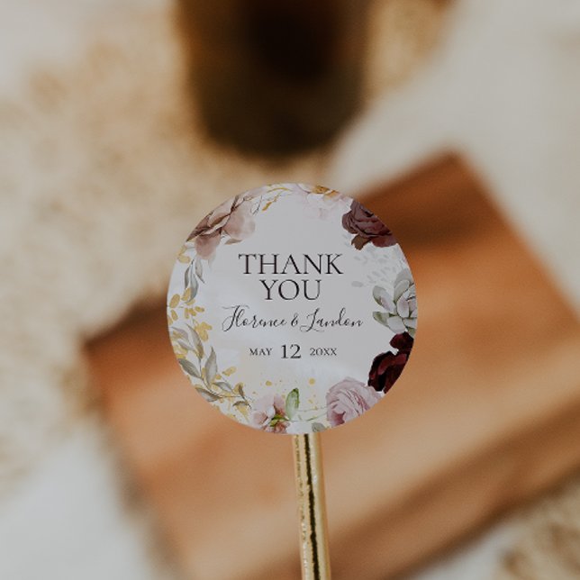 Modern Blush Floral Marble Thank You Wedding Favou Classic Round Sticker (Creator Uploaded)
