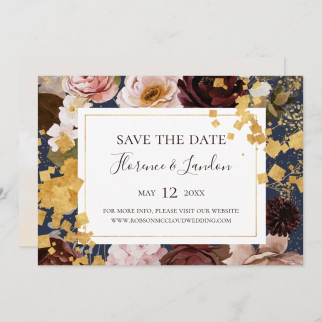 Modern Blush Floral | Navy Horizontal Save The Dat Save The Date (Front/Back)