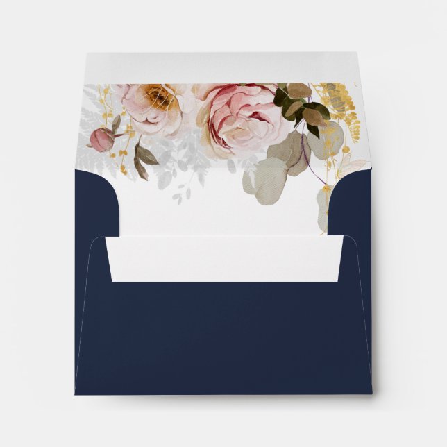 Modern Blush Floral | Navy Self Addressed RSVP Envelope (Back (Bottom))