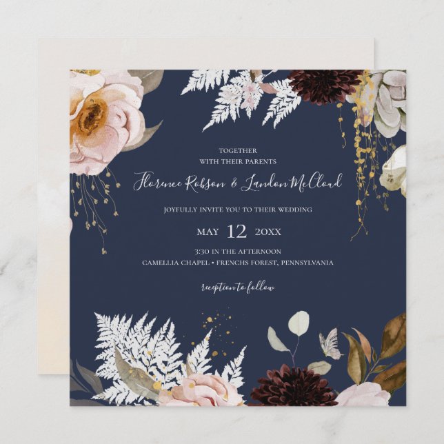 Modern Blush Floral | Navy Square Wedding Invitation (Front/Back)