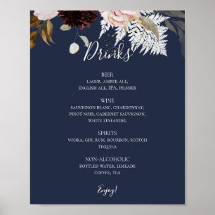 Modern Blush Floral Navy Wedding Drinks Menu Poster