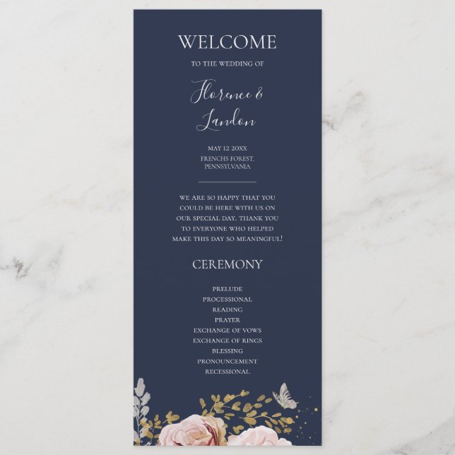 Modern Blush Floral | navy wedding program Programme (Front)