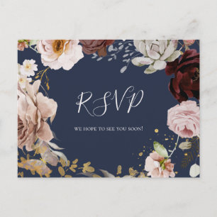 Modern Blush Floral   Navy Wedding RSVP Postcard