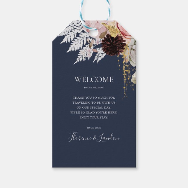 Modern Blush Floral | Navy Wedding Welcome Gift Tags (Front)