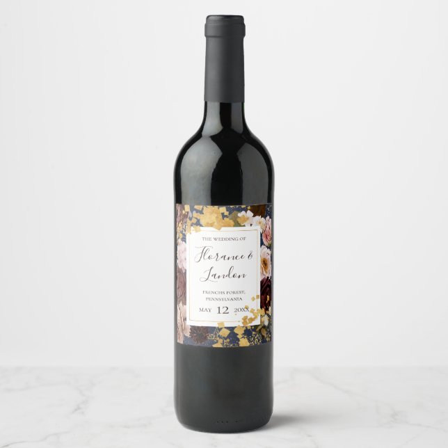 Modern Blush Floral | Navy Wedding Wine Label (Front)