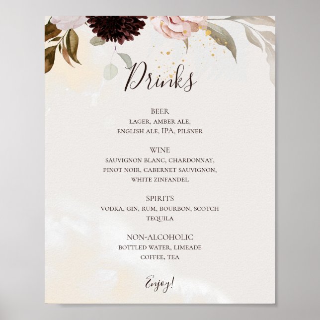 Modern Blush Floral | Watercolor Drinks Menu Poster (Front)