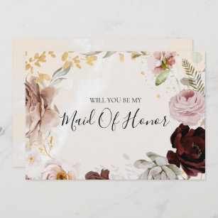 Modern Blush Floral Watercolor Maid Of Honour Card