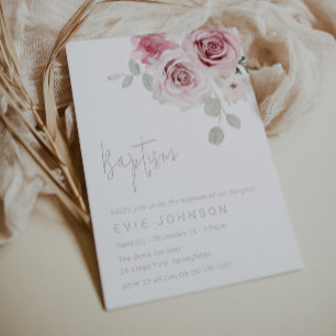 Modern Blush Floral Watercolor Roses Baptism Invitation