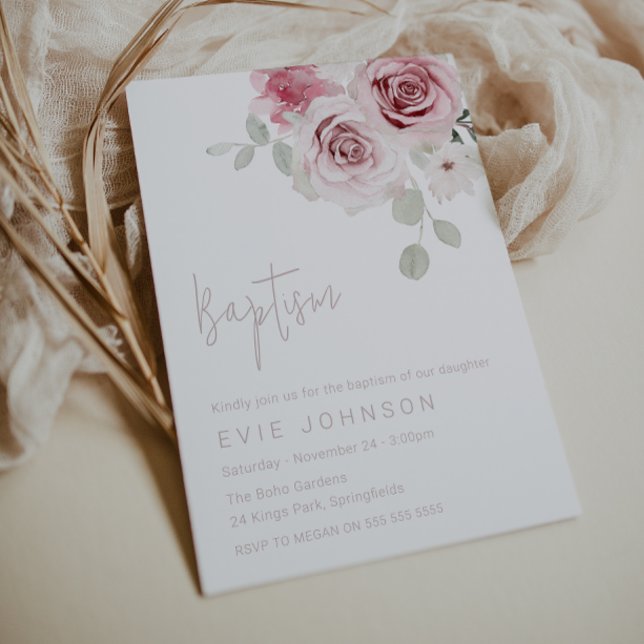 Modern Blush Floral Watercolor Roses Baptism  Invitation (Creator Uploaded)