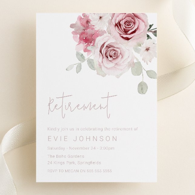 Modern Blush Floral Watercolor Roses Retirement Invitation (Creator Uploaded)
