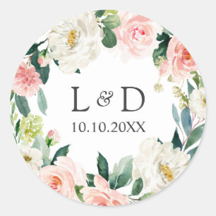 Modern Blush Floral Wedding Classic Monogram Round Sticker