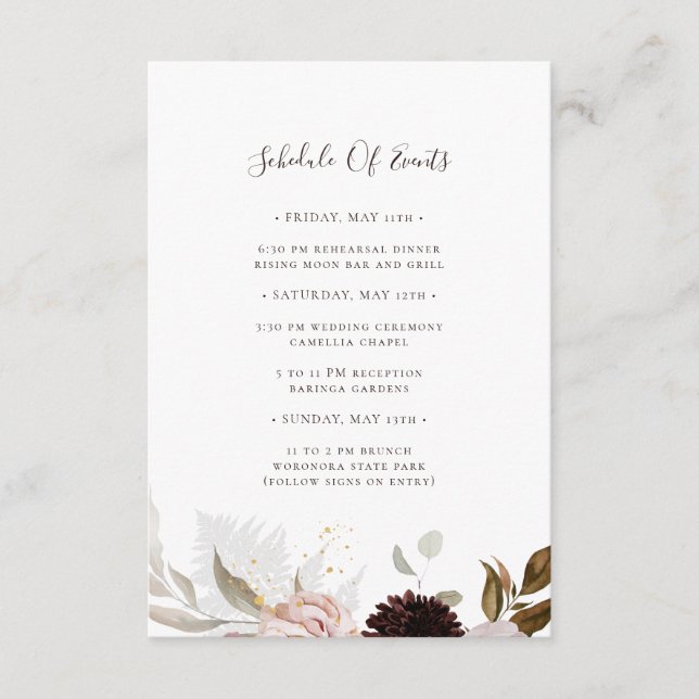 Modern Blush Floral | Wedding Schedule of Events Enclosure Card (Front)