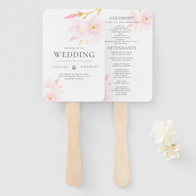 Modern Blush Flowers Wedding Program Hand Fan (Front and Back)