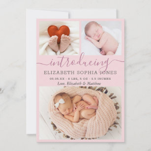 Modern Blush Girl Birth Announcement Photo Collage