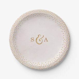 Modern blush glitter rose gold wedding monogram paper plate