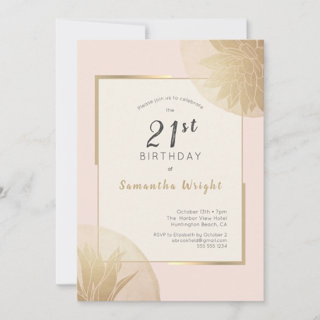 Modern Blush Gold 21st Birthday Succulents Invitation (Front)
