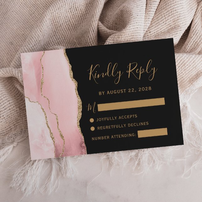 Modern Blush Gold Agate Dark Wedding RSVP Card (Creator Uploaded)