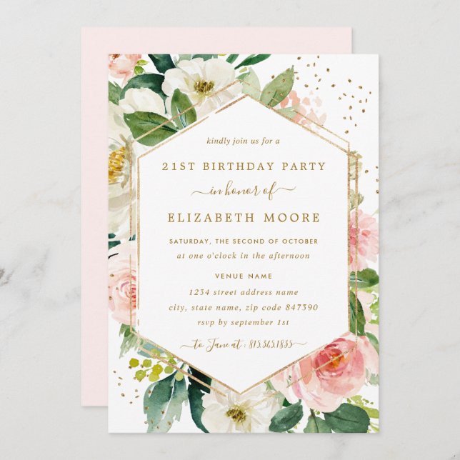 Modern Blush Gold Floral 21st Birthday Invitation (Front/Back)