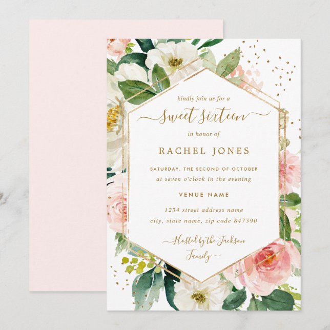 Modern Blush Gold Floral Watercolor Sweet Sixteen Invitation (Front/Back)