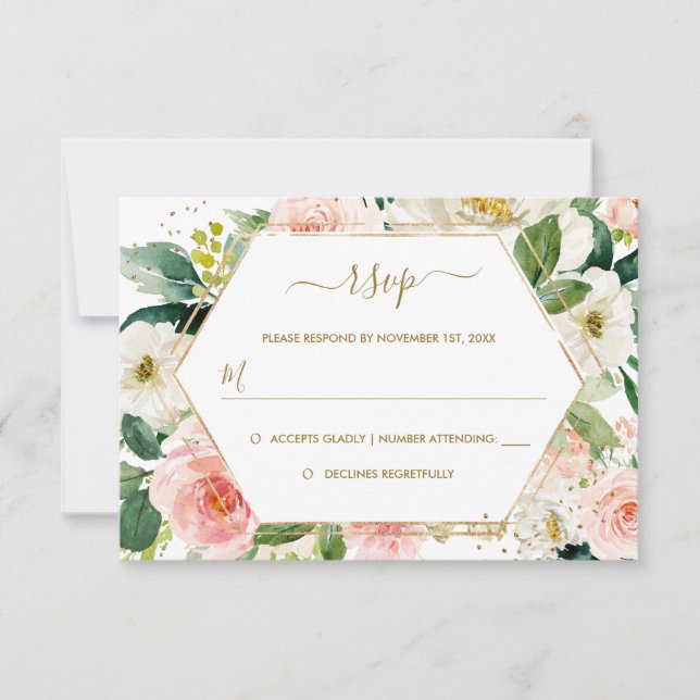 Modern Blush Gold Floral Watercolor Wedding RSVP Card (Front)
