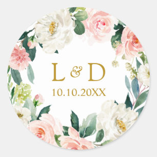 Modern Blush  Gold Floral Wedding Classic Monogram Round Sticker