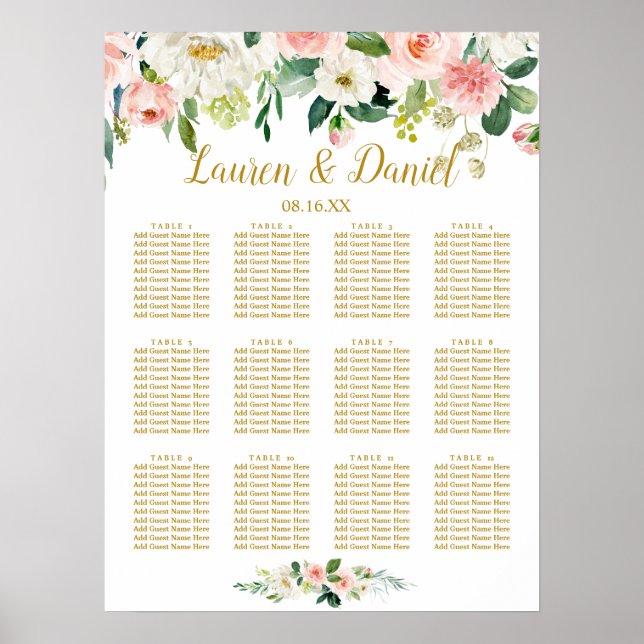 Modern Blush GOLD Flowers Wedding  Seating Chart (Front)