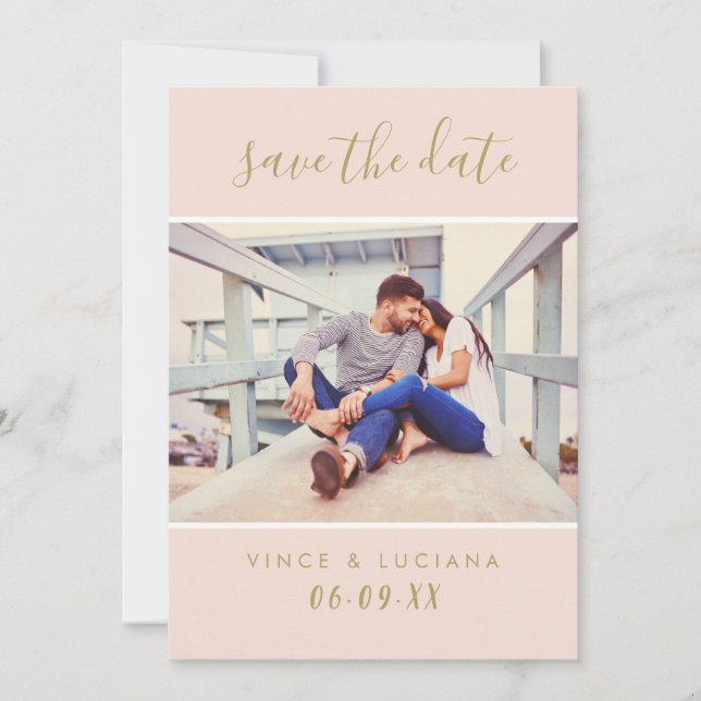 Modern Blush Gold Handwritten Script Photo Save The Date (Front)
