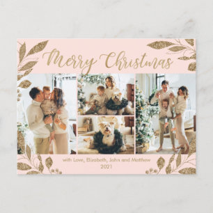 Modern Blush Gold Leaves Photo Collage Christmas Postcard