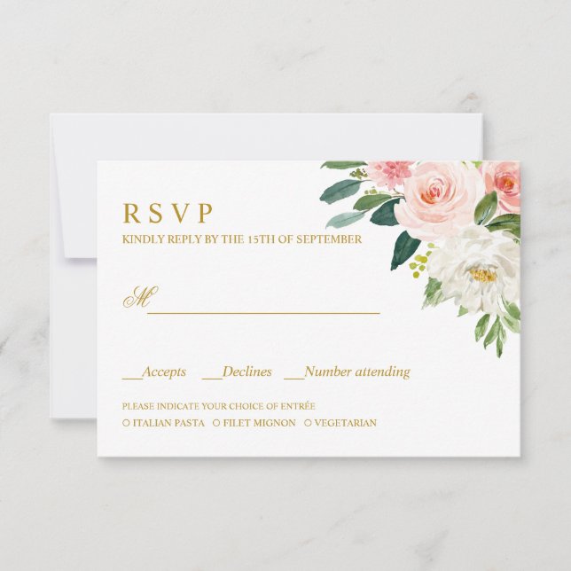 Modern Blush | Gold WEDDING RSVP MEAL CHOICE Card (Front)