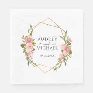 Modern Blush Golden Frame Floral Wedding  Napkin