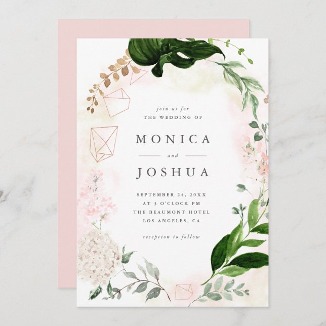 Modern Blush & Green Botanical Greenery Wedding Invitation (Front/Back)