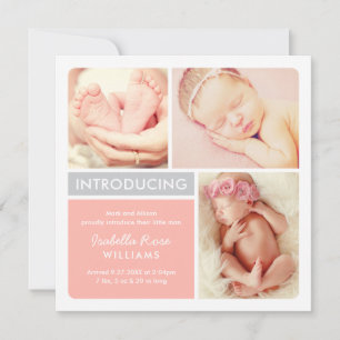 Modern Blush Grey Colour Block Baby Girl Birth Announcement