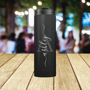 Modern Blush Monogrammed Name Brushed Metal Thermal Tumbler