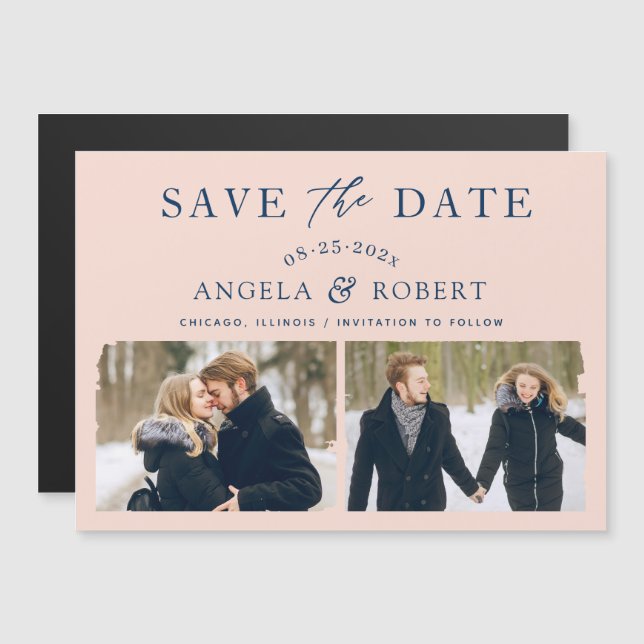 Modern Blush Navy 2 Photo Save the Date Magnet (Front/Back)