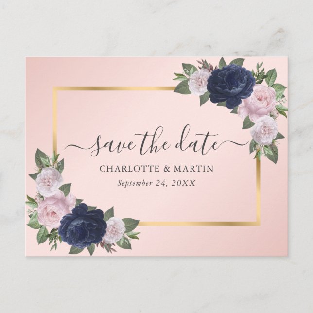 Modern Blush Navy Blue Gold Floral Save The Date Announcement Postcard (Front)