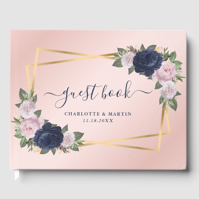 Modern Blush Navy Blue Gold Geometric Wedding Guest Book (Front)