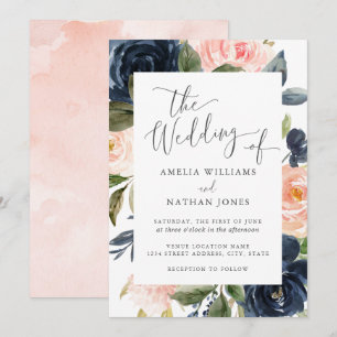 Modern Blush Navy Floral Frame Wedding Invitation