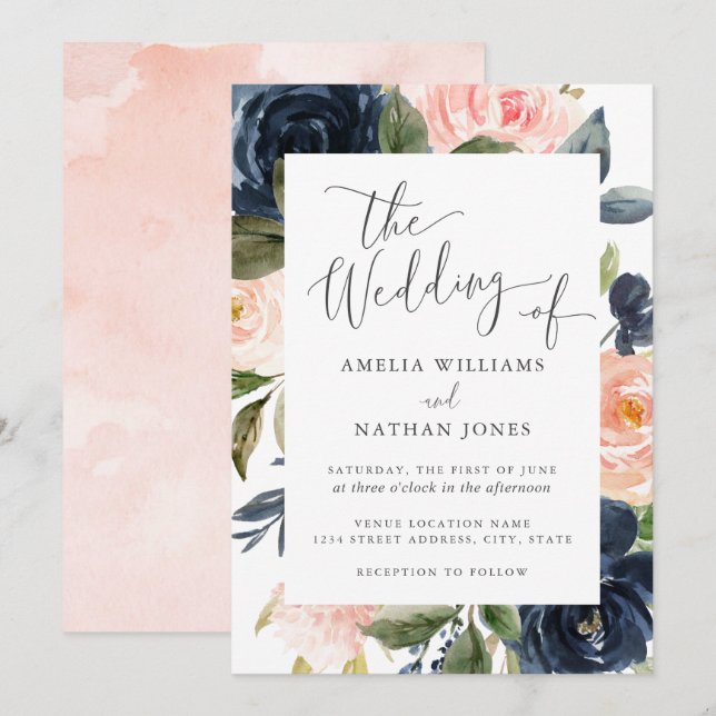Modern Blush Navy Floral Frame Wedding Invitation (Front/Back)