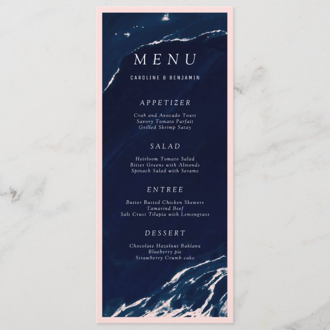 Modern blush navy marble nautical wedding menu (Front)