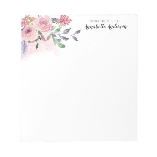 Modern Blush Pastel Pink Floral Watercolor Script Notepad (Front)