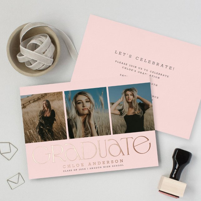 Modern Blush Pink 3 Photo Graduation Announcement  (Creator Uploaded)