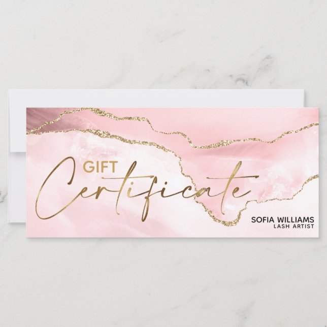 Modern Blush Pink Agate Certificate Gift Card (Front)