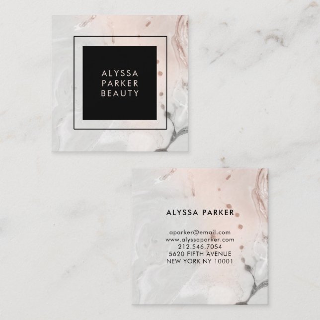 Modern Blush Pink and Grey Marble with Black Square Business Card (Front/Back)