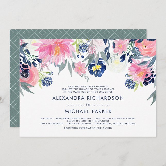 Modern Blush Pink and Navy Floral Wedding Invitation (Front/Back)